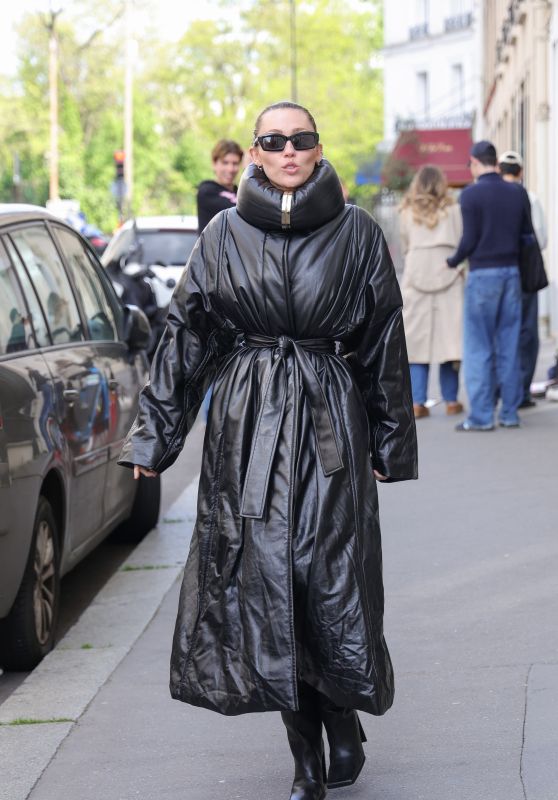 Miley Cyrus Wears Alaia Coat in Paris on April 26, 2025