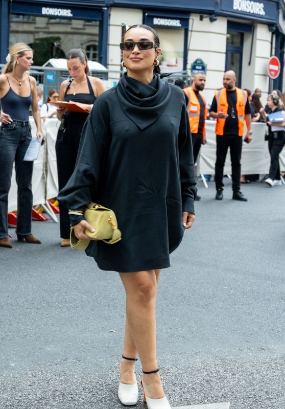 Camelia Jordana Unveils Drape-Neck Chic at AMI Show