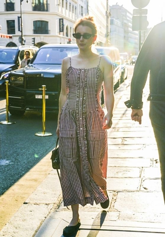 Emma Roberts Arrives in Paris, Radiates Gingham Chic
