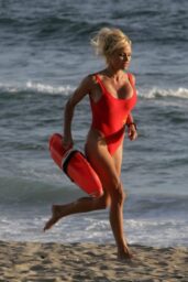 Pamela Anderson Reprises Iconic Red Swimsuit for Baywatch Reshoot in Malibu