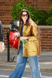 Anne Hathaway Bookshops in Gold Lamé and Flared Denim NYC