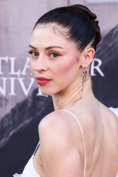 Hermione Corfield Floats in Feathered White at “Outlander” LA Premiere