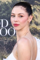Hermione Corfield Floats in Feathered White at “Outlander” LA Premiere