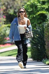 Jessica Alba Keeps It Cool in Loewe Tote & Denim at Beverly Hills Hotel