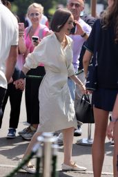 Lily Collins Attends Wimbledon Final in Sculptural Calvin Klein and Whiplash Flats