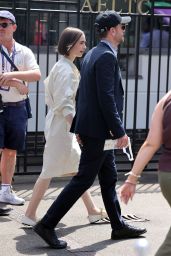 Lily Collins Attends Wimbledon Final in Sculptural Calvin Klein and Whiplash Flats