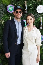 Lily Collins Attends Wimbledon Final in Sculptural Calvin Klein and Whiplash Flats