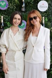 Lily Collins Attends Wimbledon Final in Sculptural Calvin Klein and Whiplash Flats