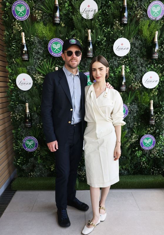 Lily Collins Attends Wimbledon Final in Sculptural Calvin Klein and Whiplash Flats