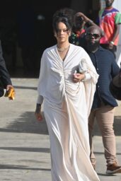 Rihanna Attends Father's Funeral in Barbados, Draped in Graceful Off-White Gown