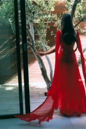 Sara Sampaio Ignites Who What Wear in Fiery Red Gown