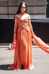 Sofia Carson Dazzles in Draped Salmon Elie Saab – Paris, July 9, 2025
