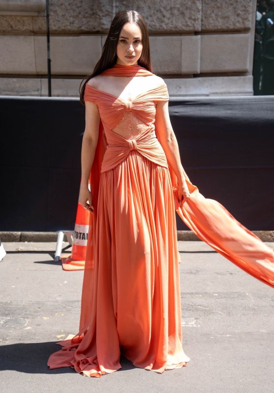 Sofia Carson Dazzles in Draped Salmon Elie Saab – Paris, July 9, 2025