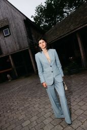Alexandra Daddario’s Pinstripe Power Suit at Wölffer Estate