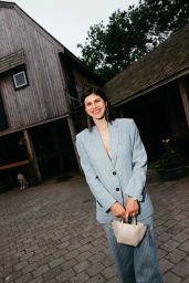 Alexandra Daddario’s Pinstripe Power Suit at Wölffer Estate