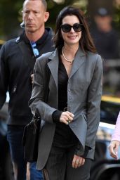 Anne Hathaway Commands Pinstripe Chic on Prada 2 Set