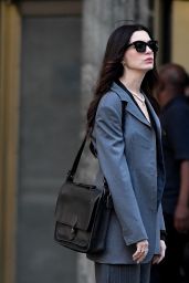 Anne Hathaway Commands Pinstripe Chic on Prada 2 Set