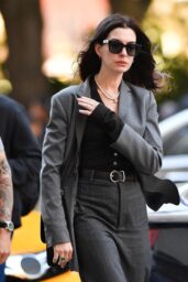 Anne Hathaway Commands Pinstripe Chic on Prada 2 Set