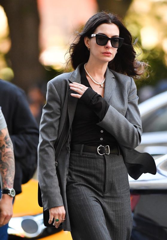 Anne Hathaway Commands Pinstripe Chic on Prada 2 Set
