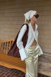 Elsa Hosk 2025 Style: White Shirt, Satin Pants, Prada Sunglasses, Suede Bag