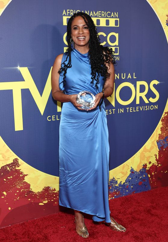 Janine Sherman Barrois debuts satin asymmetry at AAFCA TV Honors 2025