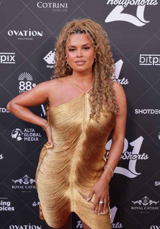 Joy Taylor Debuts Liquid Gold Dress at HollyShorts
