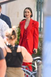 Lily Collins Debuts Fiery Parisian Power Suit on Emily in Paris Set