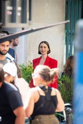 Lily Collins Debuts Fiery Parisian Power Suit on Emily in Paris Set