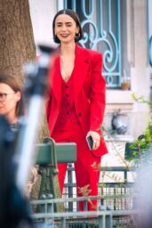 Lily Collins Debuts Fiery Parisian Power Suit on Emily in Paris Set