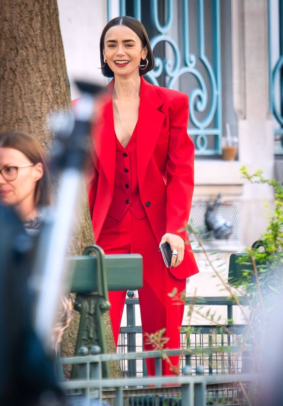 Lily Collins Debuts Fiery Parisian Power Suit on Emily in Paris Set