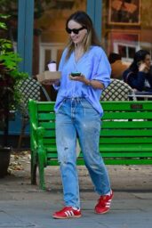 Olivia Wilde’s Effortless Pinstripe Style in North London