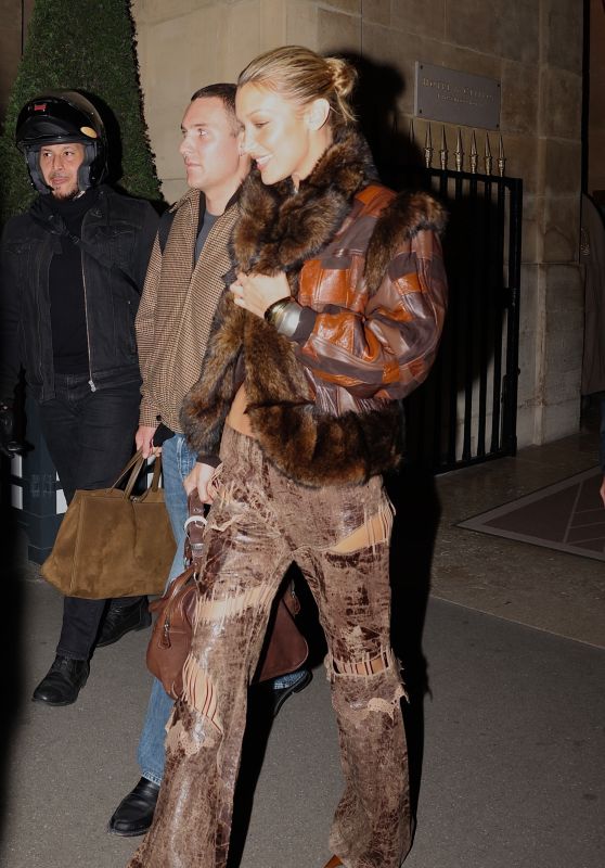 Bella Hadid Channels Y2K Chic in Deconstructed Leather and Fur in Paris 2025