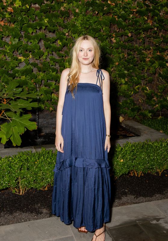 Dakota Fanning in Long Navy Maxi Dress at La Ligne Dinner