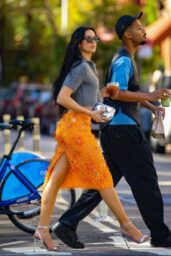 Dua Lipa Champions NYC Street Style in Beaded Orange Skirt
