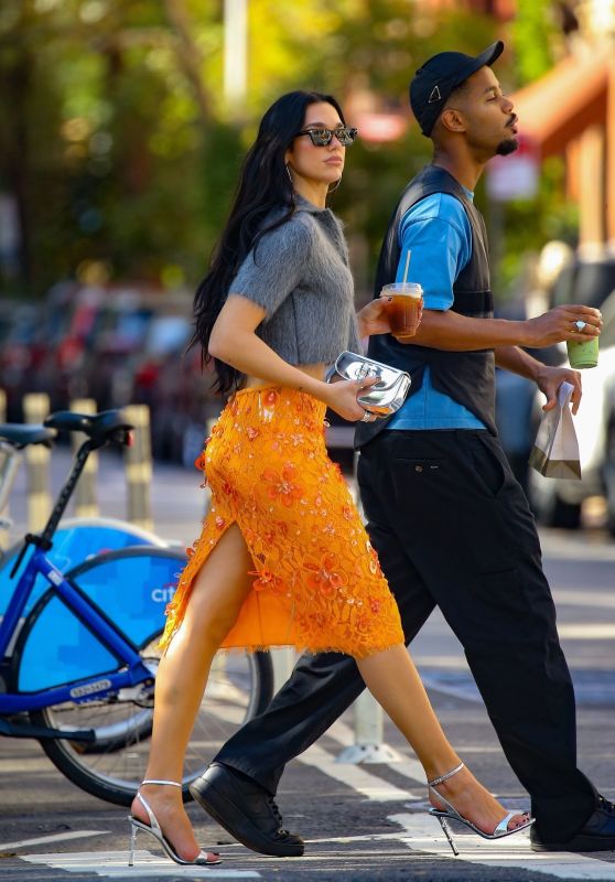 Dua Lipa Champions NYC Street Style in Beaded Orange Skirt