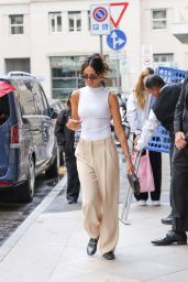 Eiza Gonzalez Champions Minimalist Chic With Pinstripe Trousers in Milan