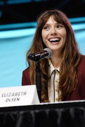 Elizabeth Olsen Commands Comic Con Panel in Burgundy Power Blazer