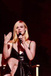 Elle Fanning Commands Comic Con In Leather V-Neck Panel Look