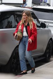 Hilary Duff Embodies LA Casual With A Bold Red Canvas Jacket