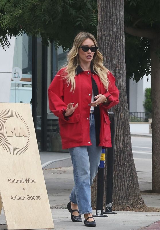 Hilary Duff Embodies LA Casual With A Bold Red Canvas Jacket