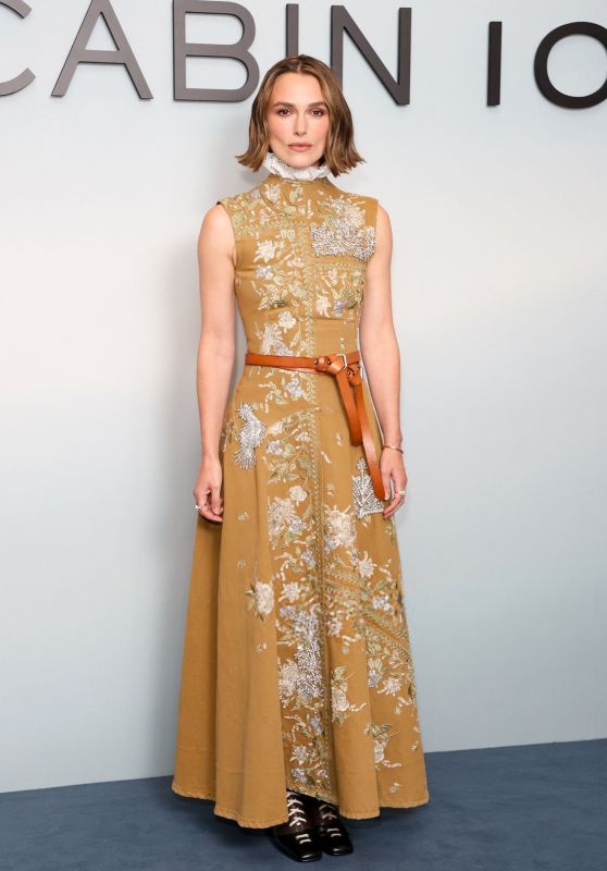Keira Knightley Unveils The Woman in Cabin 10 Premiere in Embroidered Mustard Grace
