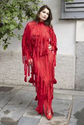 Laetitia Casta Ignites Ferragamo Show In Red Fringed Maxi-Dress Texture