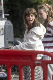 Lily Collins Embodies On-Set Ease in Checkered Streetwear