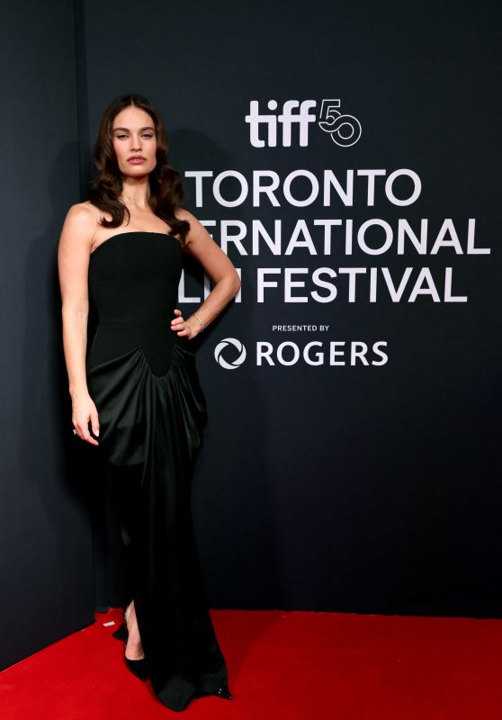 Lily James Attends “Swiped” Premiere at TIFF in Sculptural Black – Sept 2025