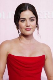 Lucy Hale Unveils Carolina Herrera’s Sapphire Chiffon Draping