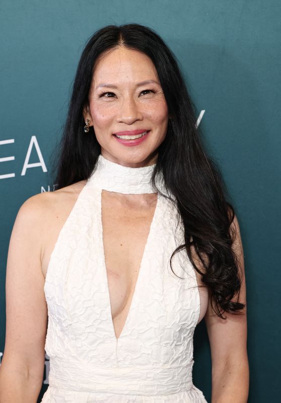 Lucy Liu Revives Tea Party Glamour In Textured White Halter Midi