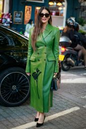 Olivia Munn Unveils Embroidered Leather Coat At London Fashion Week