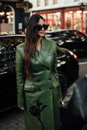 Olivia Munn Unveils Embroidered Leather Coat At London Fashion Week