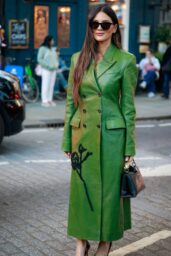 Olivia Munn Unveils Embroidered Leather Coat At London Fashion Week