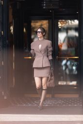 Barbara Palvin Wears Tailored Mod Minidress With Boots